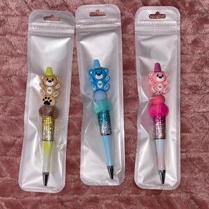 Cute Bear Top Glitter Pom Pen - Set of 3 (Yellow, Blue, Pink)